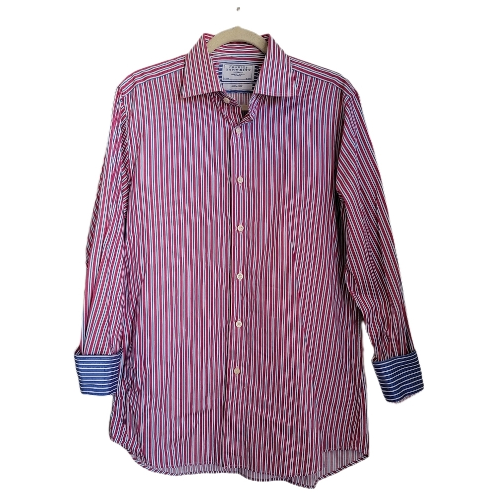 Charles Tyrwhitt Shirt Mens Size 16 Stripe Button Up Slim Fit Flip Cuff
